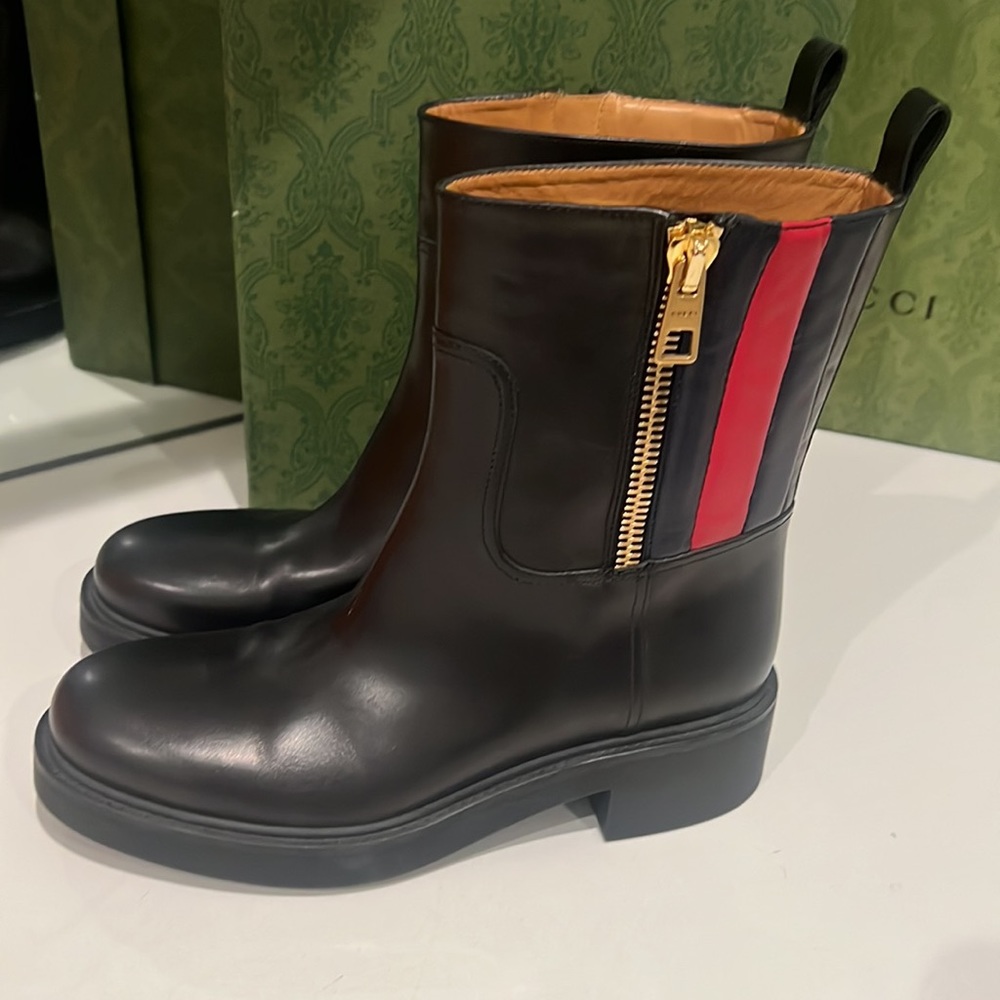 Gucci Ankle Sylvie Lug Moto Boots 💙❤️ Stripe 37 6.5 7